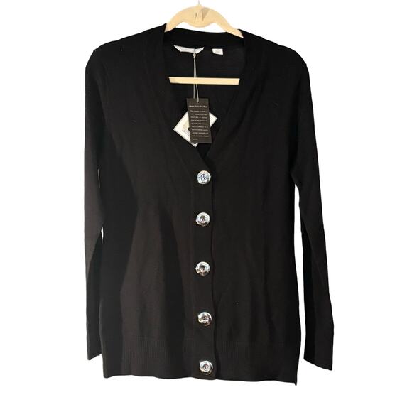 Lady Hathaway Black Cardigan Long Line Silver Buttons Long Sleeve Size Large NEW - Picture 1 of 9